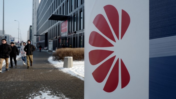 Logo of Huawei is seen on the advert in front of the local offices of Huawei in Warsaw