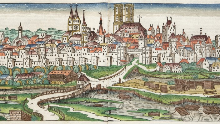 Stadtgeschichte: Die Schedelsche Weltchronik von 1493 zeigt ein idyllisches Bild von München. Doch keine hundert Jahre zuvor tobt dort eine Revolte gegen den Stadtrat.