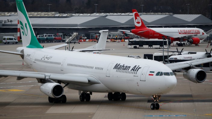 An Airbus A340-300 of Iranian airline Mahan Air taxis at Duesseldorf airport