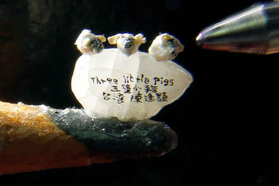 Miniature of three pigs are seen on a pencil tip, created by Taiwanese artist Chen Forng-Shean, ahead of Chinese New Year of the Pig, in New Taipei City