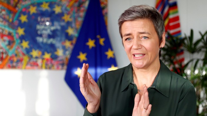 FILE PHOTO: EU Competition Commissioner Margrethe Vestager speaks during an interview with Reuters at the EU Commission headquarters in Brussels