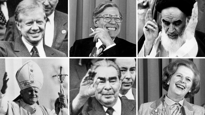 Zeitgeschichte: Wichtige Protagonisten des Jahres 1979: Jimmy Carter, Helmut Schmidt, Ayatollah Khomeini, Papst Johannes Paul II., Leonid Breschnew und Margaret Thatcher.