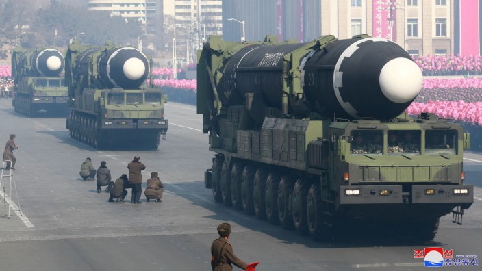 Intercontinental ballistic missiles are seen at a grand military parade celebrating the 70th founding anniversary of the Korean People's Army at the Kim Il Sung Square in Pyongyang