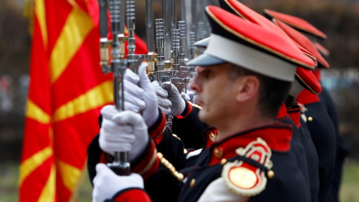 Members of the Macedonian honour guard line up before the welcoming ceremony in Skopje