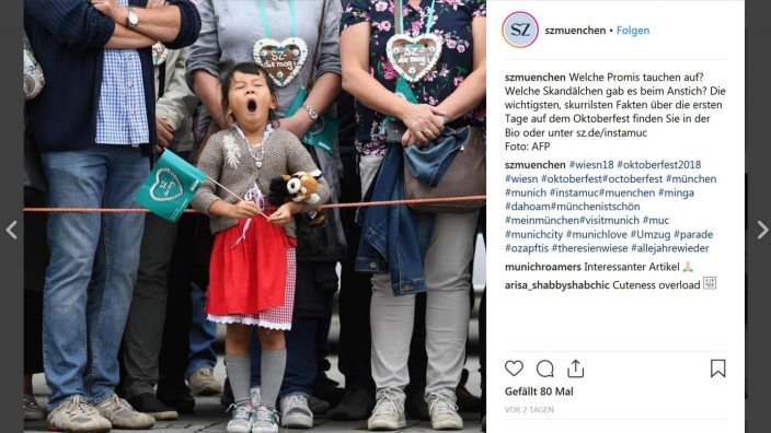 Schülerzeitungswettbewerb: Dieses Foto im sogenannten Feed des SZ-München-Accounts soll Instagram-Nutzer erfreuen und dabei zu Lesern machen: In der "Bio", den Informationen zum Account, steht der Link zur SZ-Wiesn-Berichterstattung.