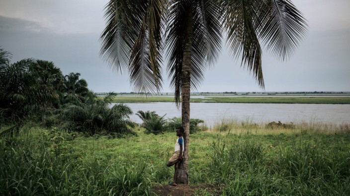 Afrika: Ein Kind lehnt sich gegen eine Palme am Ufer des Kongo.