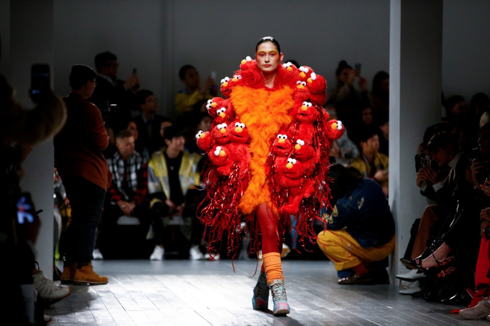 A model presents a creation during the 'On|Off Presents...' catwalk show at London Fashion Week Women's A/W19 in London