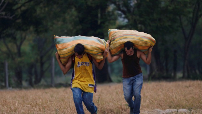 People, working as 'Maleteros', carry merchandise on a trail on the outskirts of Cucuta