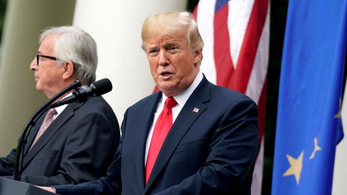 FILE PHOTO: U.S. President Donald Trump and European Commission President Jean-Claude Juncker speak about trade relations at the White House in Washington