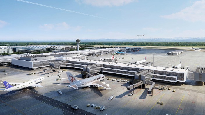 Neue Einnahmequellen: Nur eine von vielen Baustellen am Flughafen: Der neue Flugsteig an Terminal 1 soll 350 Meter ins Vorfeld hineinragen. Simulation: Planungsgemeinschaft T1E