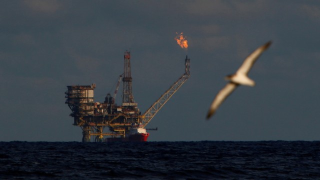 FILE PHOTO: A seagull flies in front of an oil platform in the Bouri Oilfield some 70 nautical miles north of the coast of Libya
