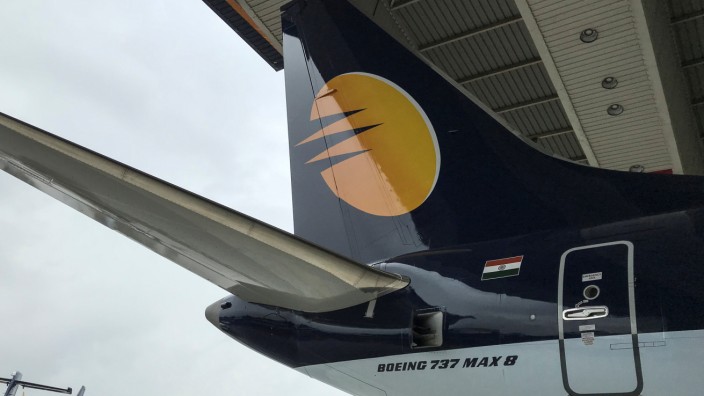 A Jet Airways Boeing 737 MAX 8 aircraft is seen parked inside a hanger during its induction ceremony at the Chhatrapati Shivaji International airport in Mumbai