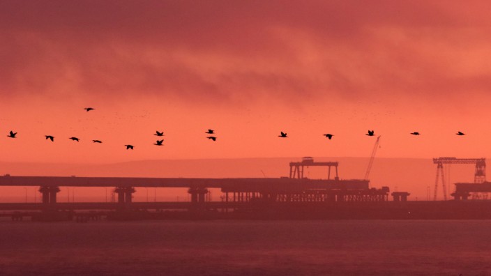 Birds fly past a road-and-rail bridge, which is constructed to connect the Russian mainland with the Crimean peninsula, at sunrise in the Kerch Strait, Crimea