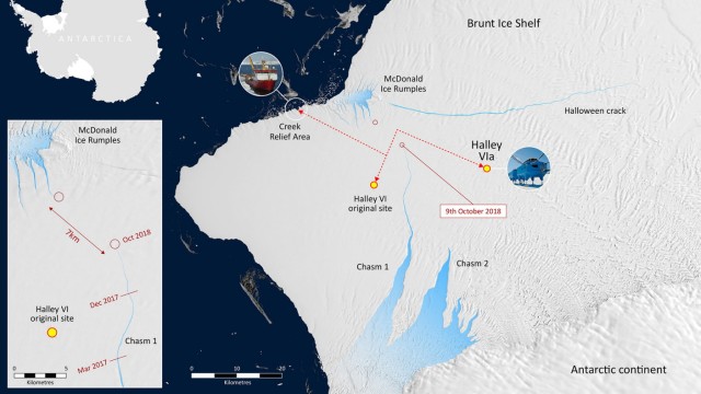 Antarktis: Diese Karte britischer Antarktisforscher zeigt die Lage auf dem Brunt-Schelfeis: Sobald der neue Riss ("Chasm 1") den schon länger bestehenden "Halloween-Riss" erreicht, spaltet sich ein großes Stück Eis ab.