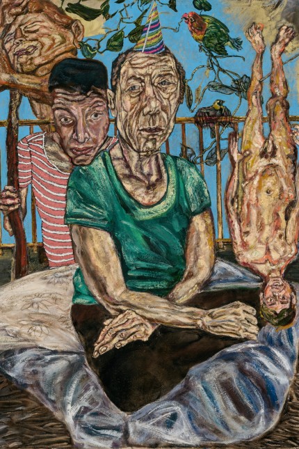 Ausstellung: Mit Faschingshütchen malt sich Erwin Pfrang in "4 Köpfe" (2013/14). Mit stoischer Ruhe sitzt er zwischen drei "Schläfern", Menschen, die seine Gastfreundschaft in Catania genossen.