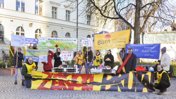 Energiewende: Zu einer Demonstration gegen die Pläne des Netzbetreibers Tennet am Donnerstagfmorgen in München kamen nur wenige Teilnehmer.