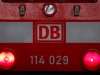 A locomotive engine of German railway Deutsche Bahn is seen at the main train station in Frankfurt