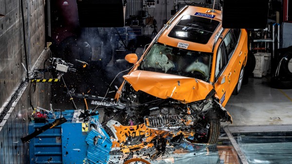 A crash test of a Volvo XC 90 vehicle is presented at the Volvo Cars Safety Center in Gothenburg