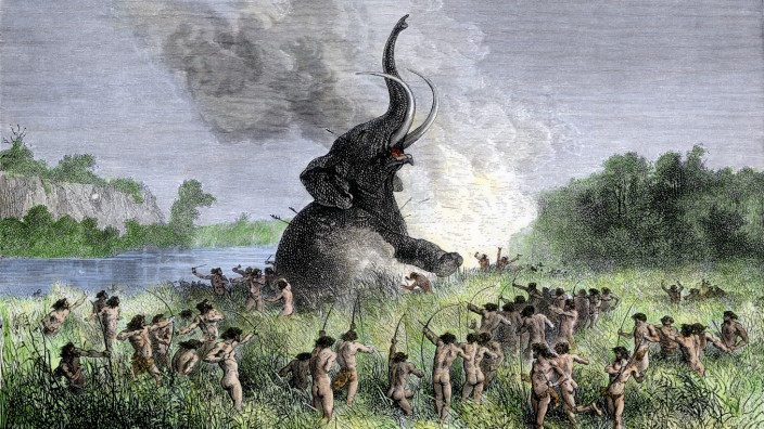 Prehistoric hunters surrounding a wooly mammoth / Illustr.