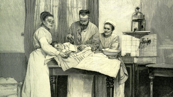 Geschichte Bayerns: Impfung mit langer Nadel, historische Illustration aus dem Jahr 1883.