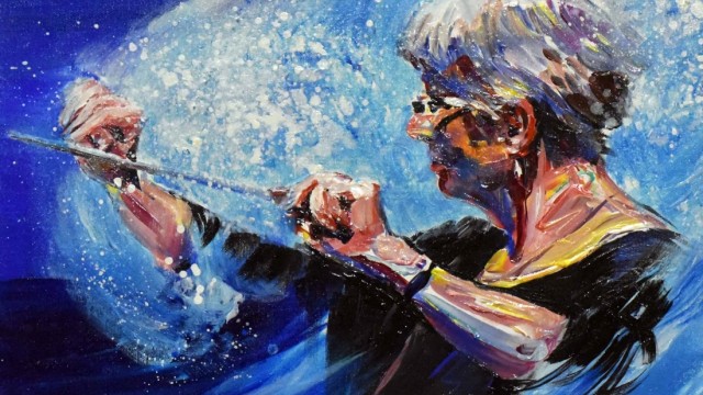 Konzertkritik: Passend zur Musik zeigt der Dachauer Maler Tadeusz Stupka etliche seiner Wasserwerke im Bürgerhaus, darunter befindet sich auch ein Gemälde mit Dirigentin Monika Fuchs-Warmhold im Wasser. Für das Publikum ein doppelter Genuss.