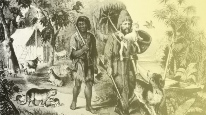 Daniel Defoe: Der Immigrant, der zum Unterdrücker wird: Das Titelbild einer Robinson Crusoe-Ausgabe zeigt die Figuren Crusoe und Freytag.