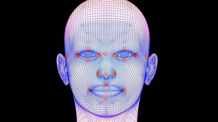 Biometric facial map Biometric facial map Human face with markers of facial recognition software T