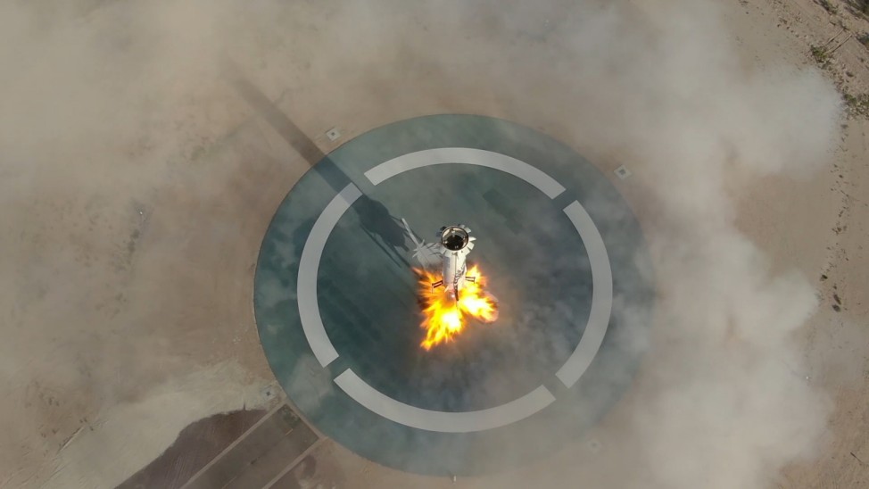 Handout photo of a still image taken from video of Blue Origin's New Shepard rocket landing after its 11th test flight into space near Van Horn, Texas
