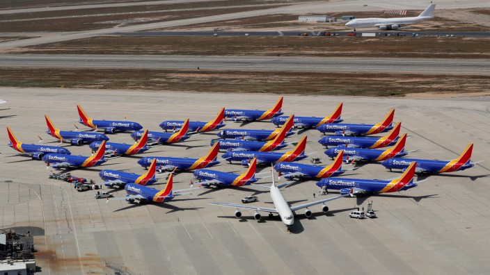 FILE PHOTO: A number of grounded Southwest Airlines Boeing 737 MAX 8 aircraft are shown parked at Victorville Airport in Victorville, California