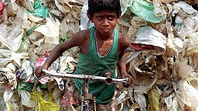 Verbot von Plastiktüten: Sie leiden an dem Plastikabfall und leben von ihm: ein junger Müllsammler in Kalkutta.