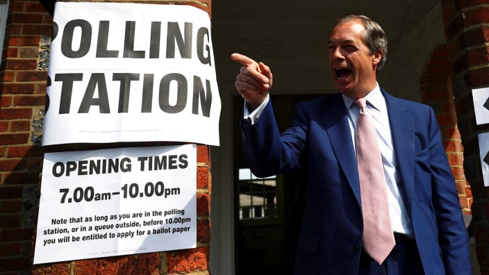Brexit Party leader Nigel Farage votes in the European elections, in Biggin Hill