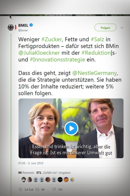 Nestlé-Video: "Das geht gar nicht": Agrarministerin Julia Klöckner und der deutsche Nestlé-Chef Marc-Aurel Boersch.