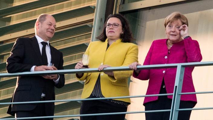 Olaf Scholz und Andrea Nahles (SPD) mit Angela Merkel (CDU) 2018 in Berlin