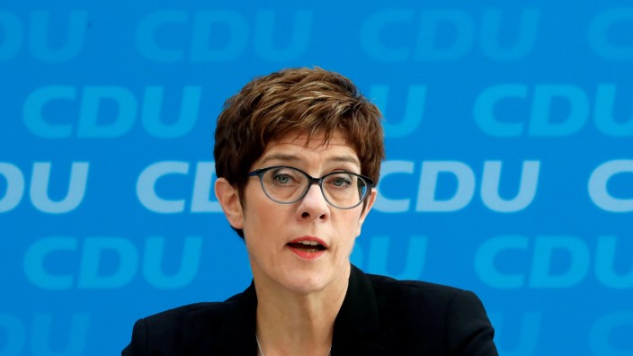 FILE PHOTO: CDU Chairwoman Kramp-Karrenbauer addresses a news conference at party headquarters in Berlin