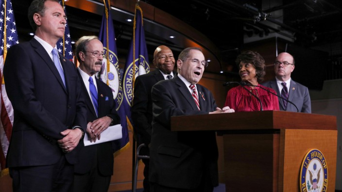 Democratic U.S. House committee chairmen Nadler, Engel, Cummings, Schiff, Waters and McGovern hold a news conference to discuss their investigations into the Trump administration on Capitol Hill in Washington