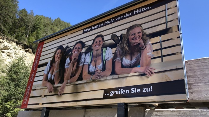 Plakat in der Schweiz: Man erkennt es nicht gleich, aber hier wird für Holz geworben.