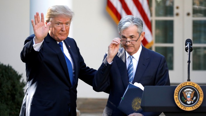 U.S. President Donald Trump gestures with Jerome Powell, his nominee to become chairman of the U.S. Federal Reserve at the White House in Washington