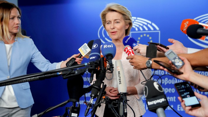 German Defense Minister Ursula von der Leyen, who has been nominated as European Commission President, attends a news conference during a visit at the European Parliament in Strasbourg