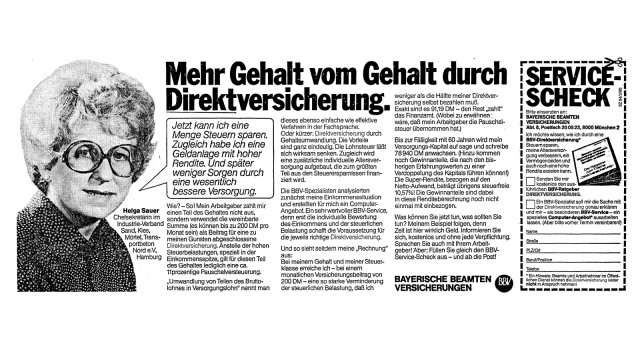 Streit um Altersvorsorge: Auch in der Süddeutschen Zeitung warben Unternehmen für Direktversicherungen: Die Anzeige erschien in der Ausgabe vom 17. April 1980.