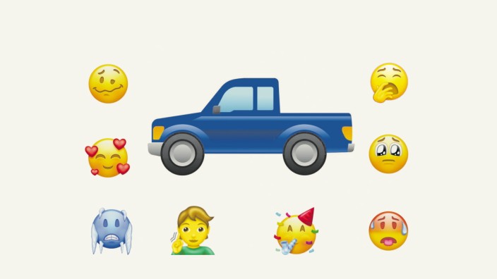 Guerilla-Marketing: Das für die Zulassung neuer Bilder zuständige Gremium hat vor Kurzem ein Emoji zugelassen: diesen blauen Pick-up. Es ähnelt stark dem Modell F150 von Ford. Illustration: oh