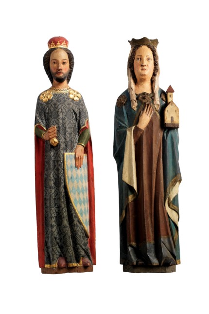 Regensburg: Die Figuren von Herzog Ludwig von Bayern und seiner Frau Ludmilla (gest.1240), auf die die bayerischen Rauten zurückgehen.