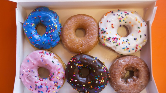 A box of donuts is pictured at a newly opened Dunkin' Donuts store in Santa Monica