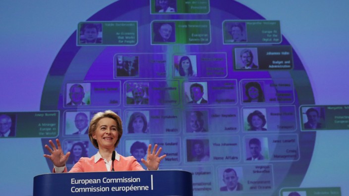 European Commission's president-designate Ursula von der Leyen speaks during a news conference at the EU Commission headquarters in Brussels