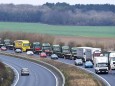 FILE PHOTO: A line of lorries is seen during a trial between disused Manston Airport and the Port of Dover of how road will cope in case of a 'no-deal' Brexit, Kent