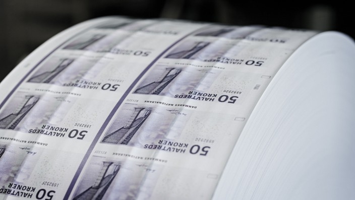 General view of Danish crown banknotes being printed at printing operation facility in Copenhagen