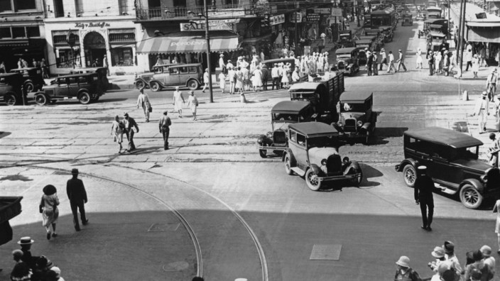 New Orleans Louisiana c 1927 Traffic at the intersection of Canal and Carondelet Streets in New O
