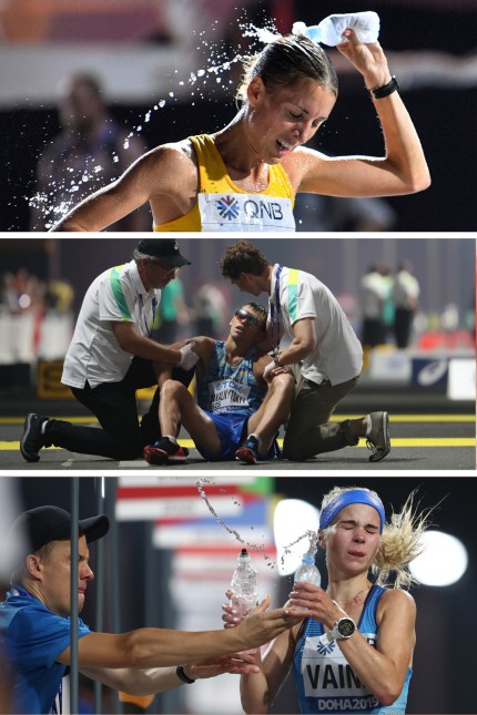 Leichtathletik-WM: Ausgezehrt: Hitze und Luftfeuchtigkeit setzten Athletinnen und Athleten in Katar zu. Die Schwedin Cecilia Norrbom kühlt sich mit Wasser, Maryan Zakalnytskyy aus der Ukraine braucht medizinische Hilfe und die Finnin Alisa Vainio erfrischt sich beim Marathon (von oben).