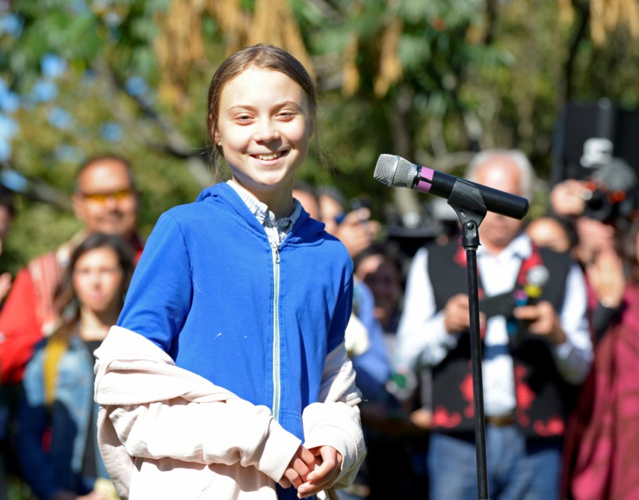 Climate change teen activist Greta Thunberg speaks before joining a climate strike march in Montreal