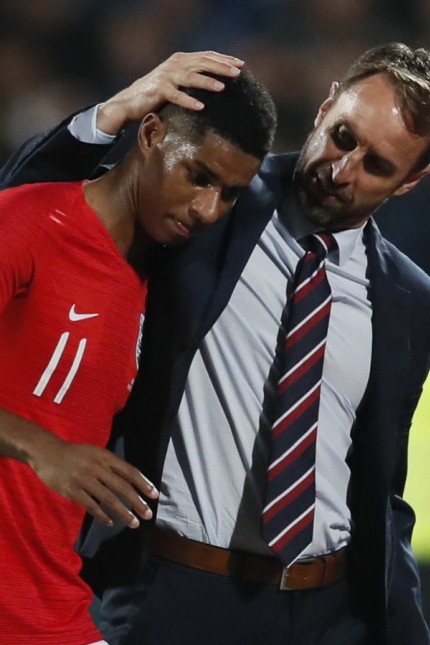 Respect from Gareth Southgate manager of England for Marcus Rashford of England as he is substituted during the UEFA EUR