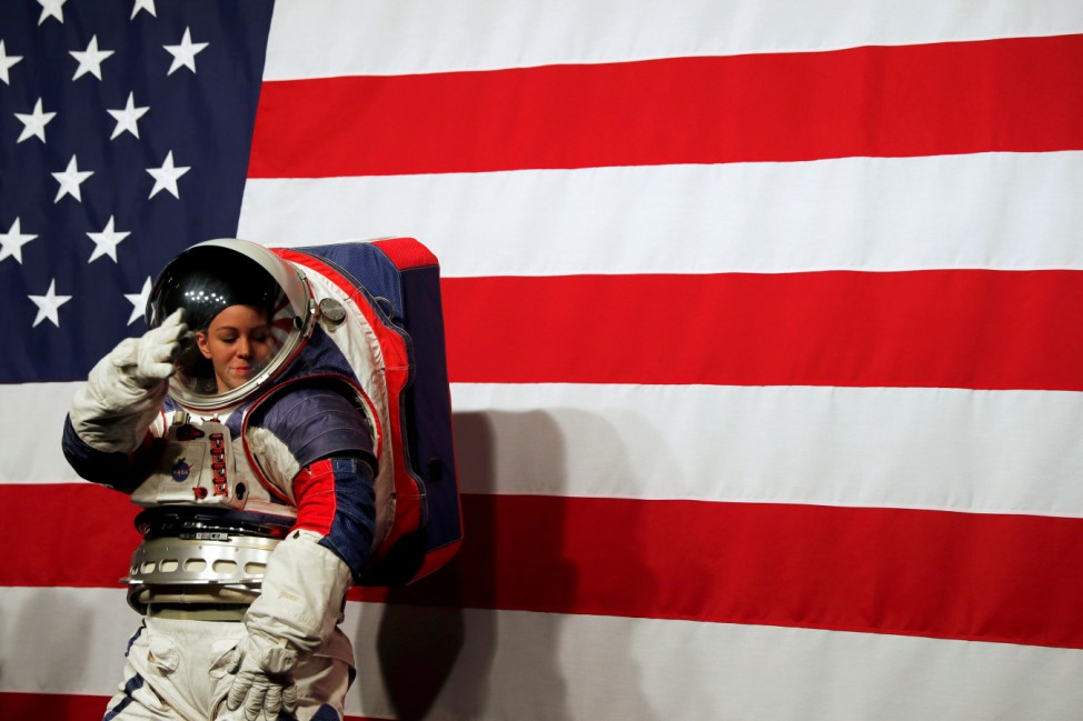 Advanced Space Suit Engineer at NASA Kristine Davis wears the xEMU prototype space suit for the next astronaut to the moon by 2024, during its presentation at NASA headquarters in Washington